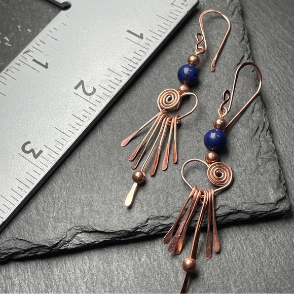 Genuine Blue Lapiz Lazuli Beaded Fringe Copper Earrings Artisan Designed - Picture 15 of 15